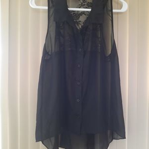 L8ter Black women's sleeveless sheer/lace button up Large